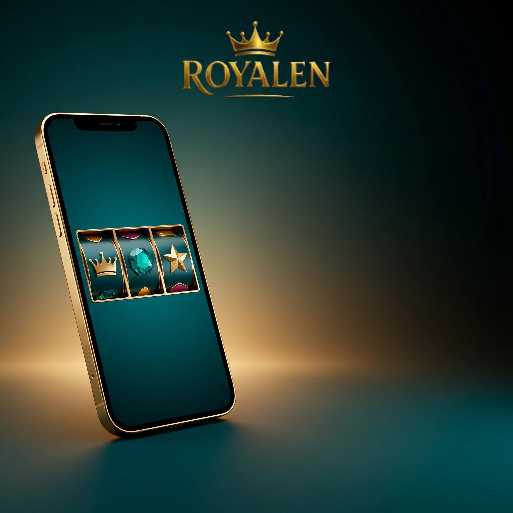 Smartphone mit Royalen-Spielautomat in Türkis und Gold